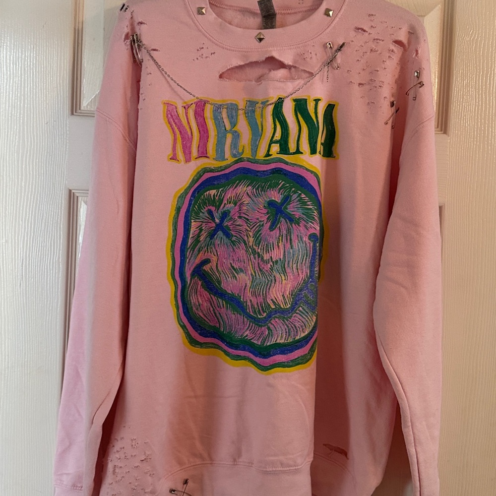 NIRVANA Pink Distressed Sweatshirt with Graphic